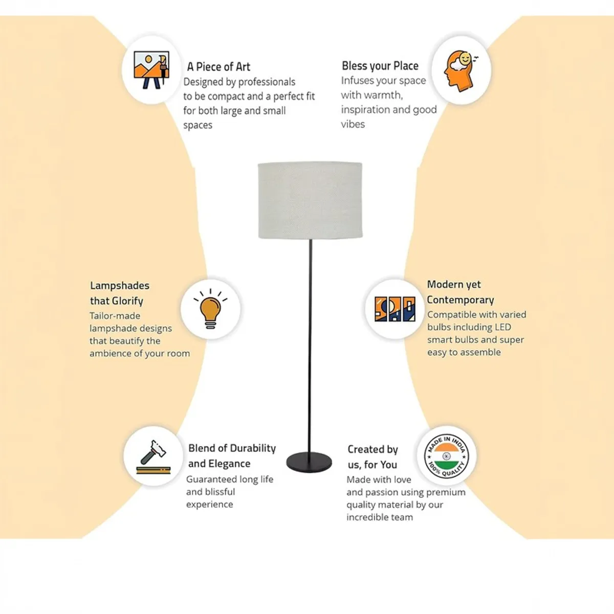 Floor lamp centred in a feature infographic with icons around it