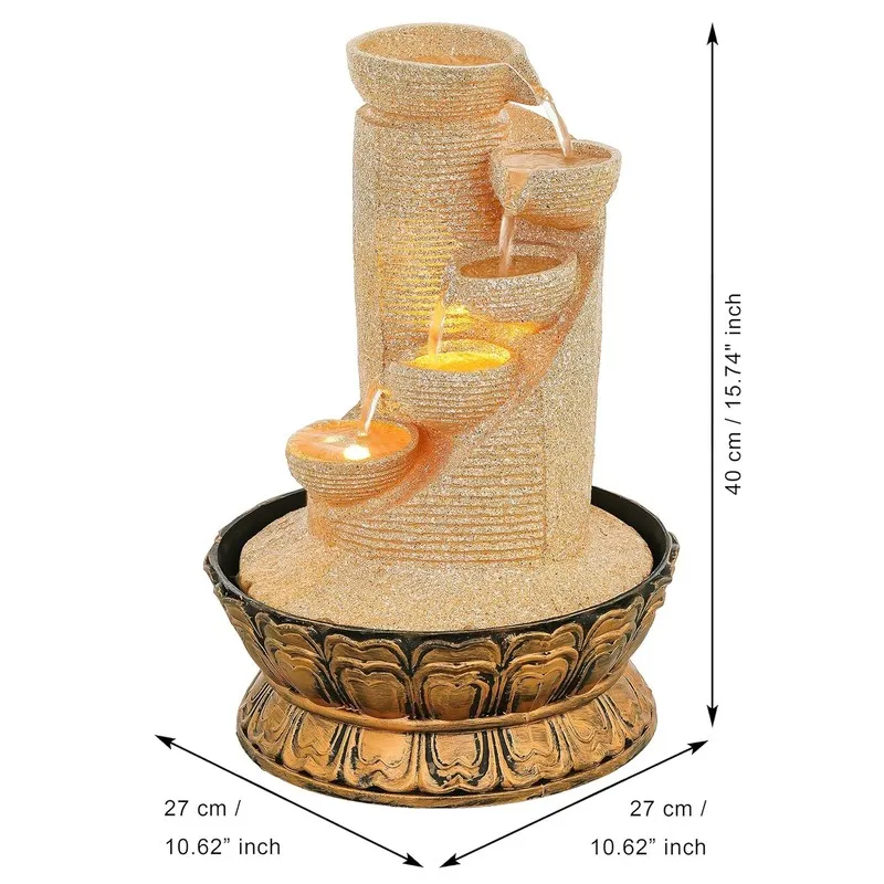 Front view of ivory LED fountain with dimensional arrows shown in the image