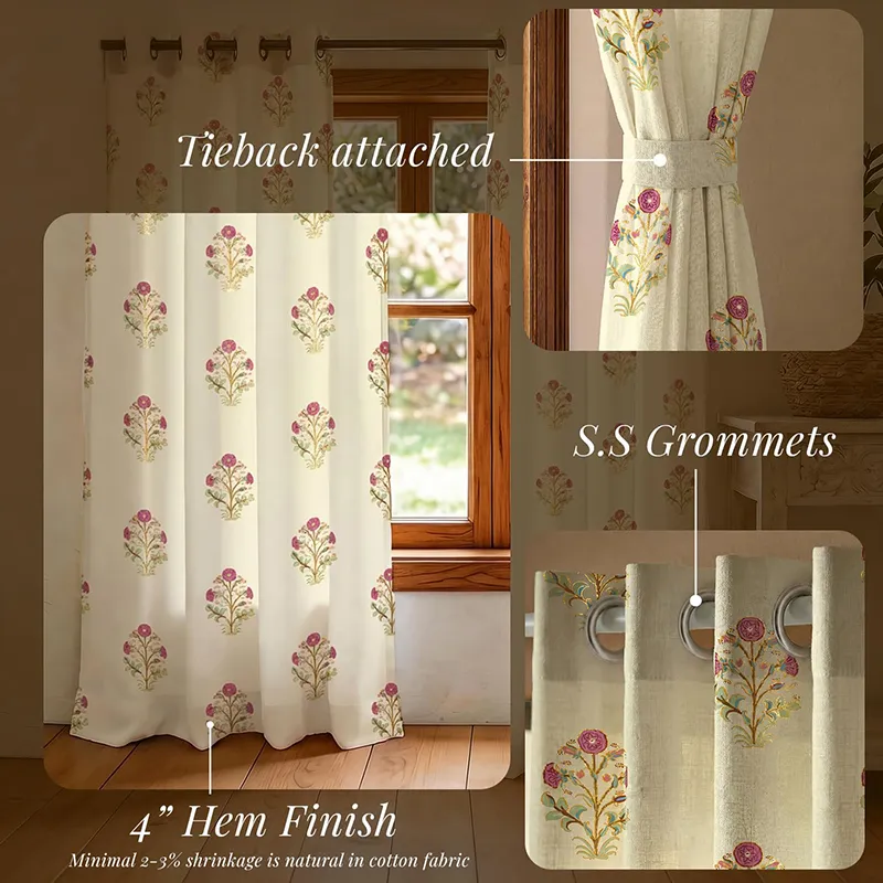 Floral curtain panel shown with tied-back styling and eyelet top