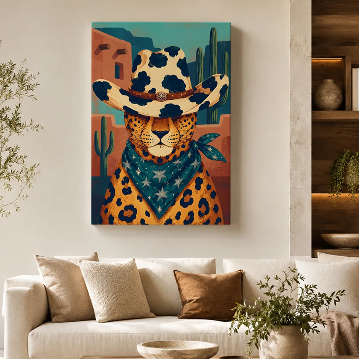 Leopard canvas wall painting above a cream sofa in a living room