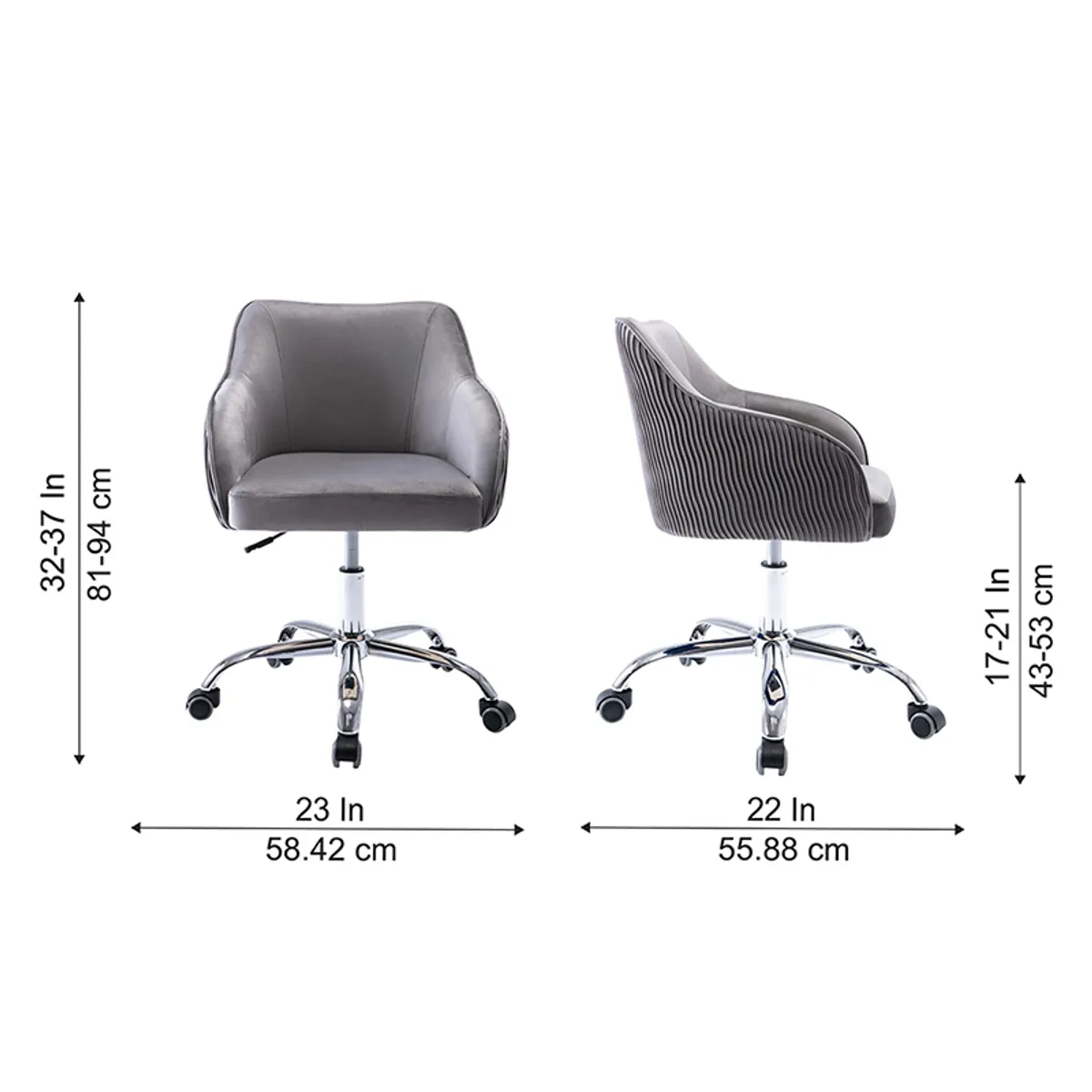 Dimension diagram showing the grey office chair from front and side views
