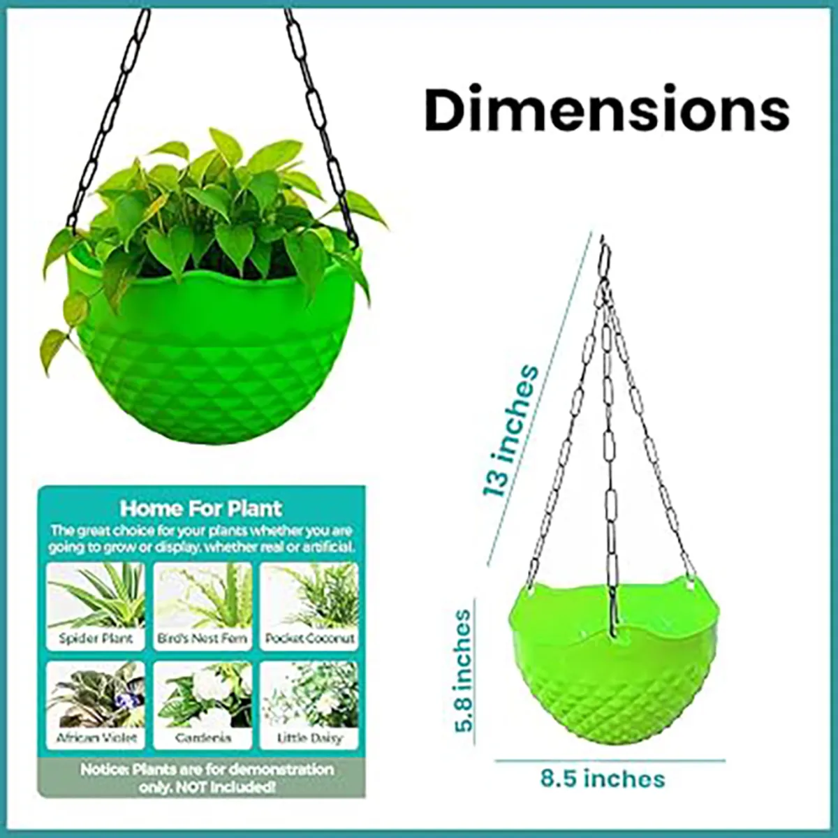 Bright green hanging planter with chain shown beside a dimension illustration.