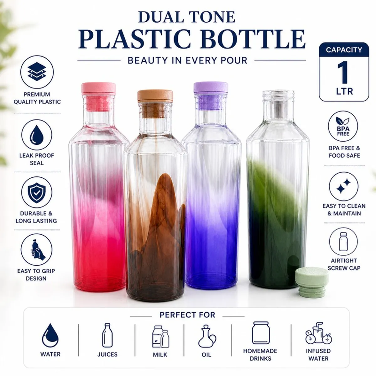Four dual-tone colourful bottles shown with their matching caps
