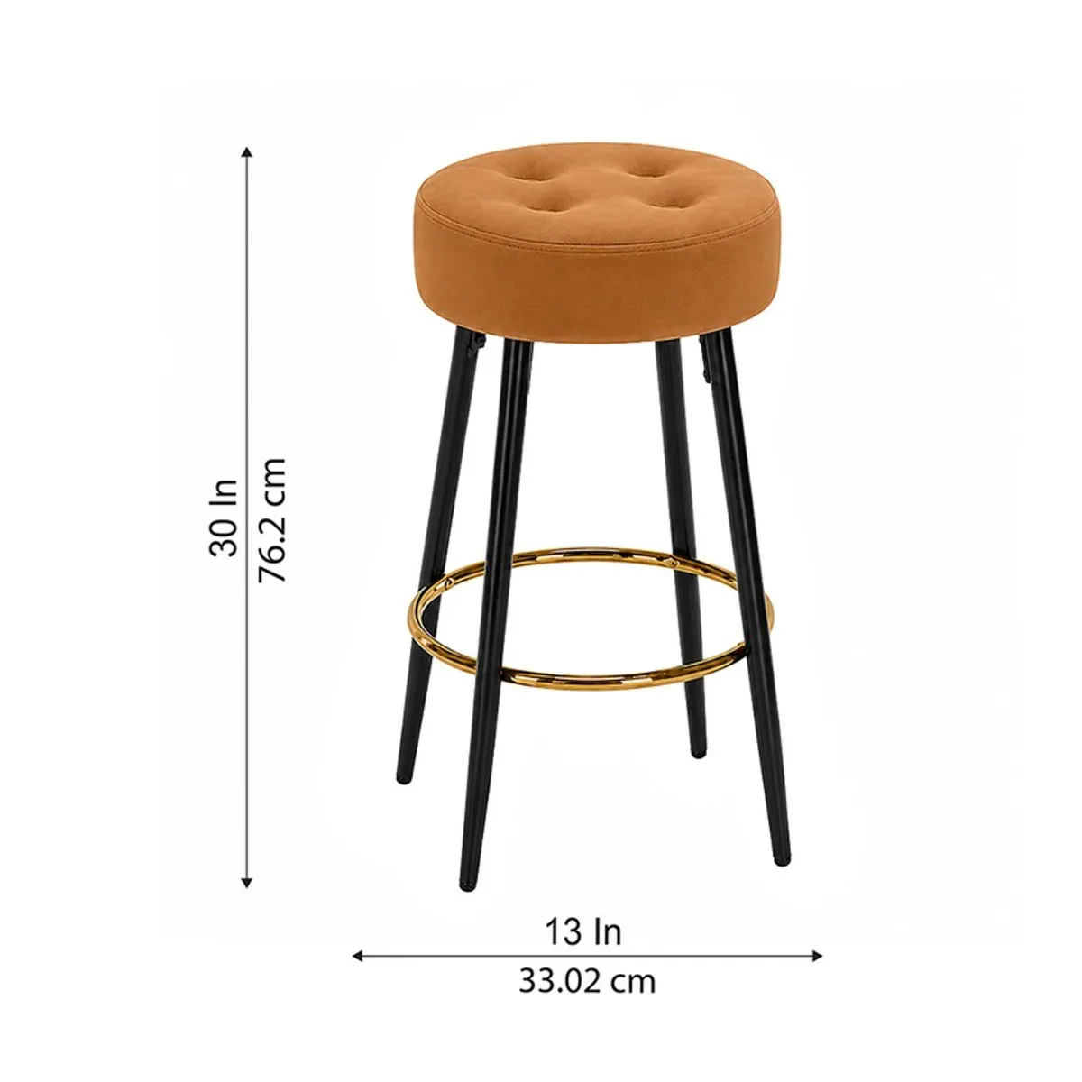 Brown round bar stool shown with height and width markings