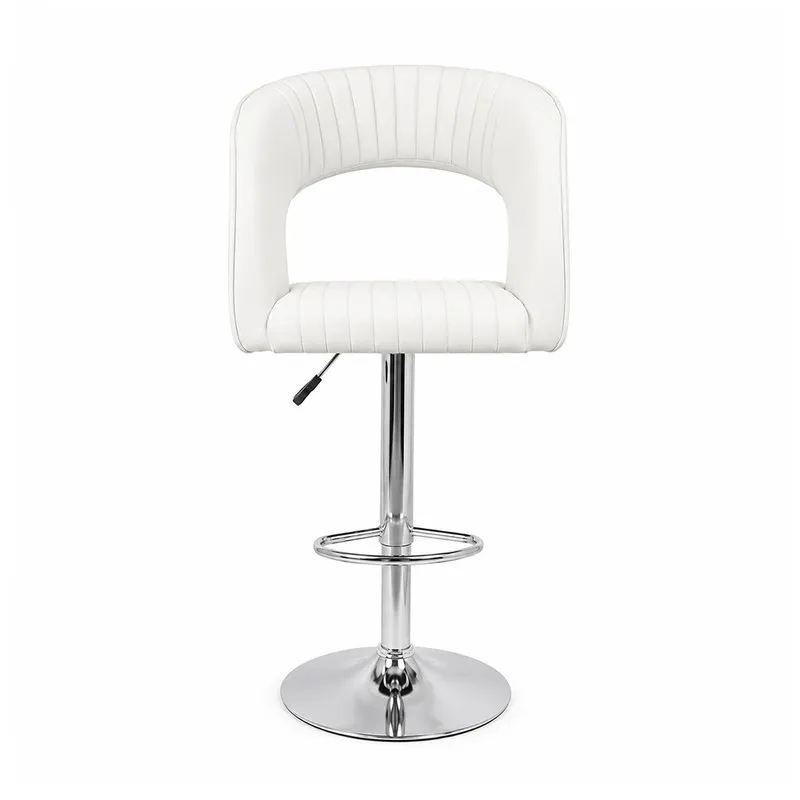 Front view of white bar chair with chrome pedestal base