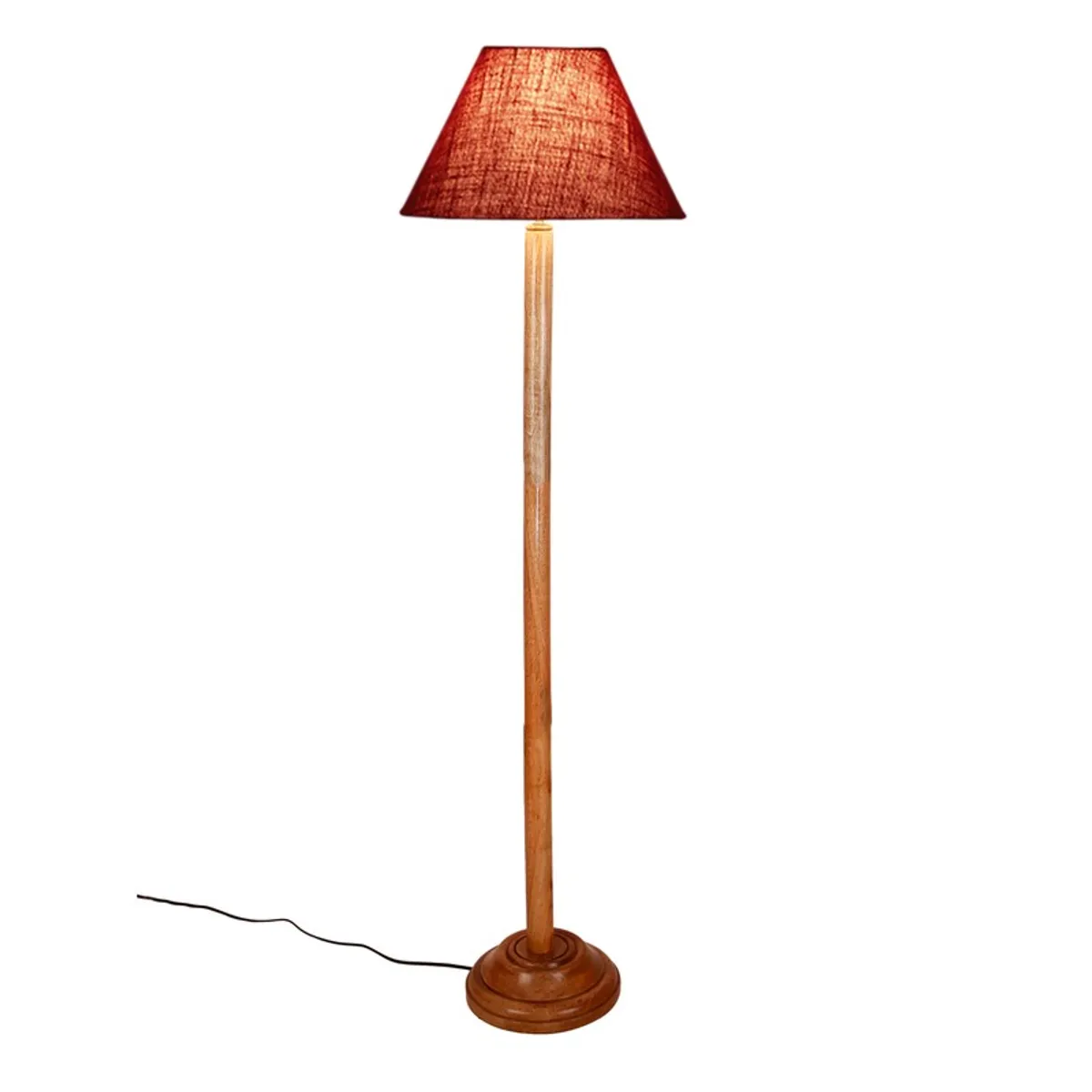 Burgundy jute and wood floor lamp on a white background with visible cord