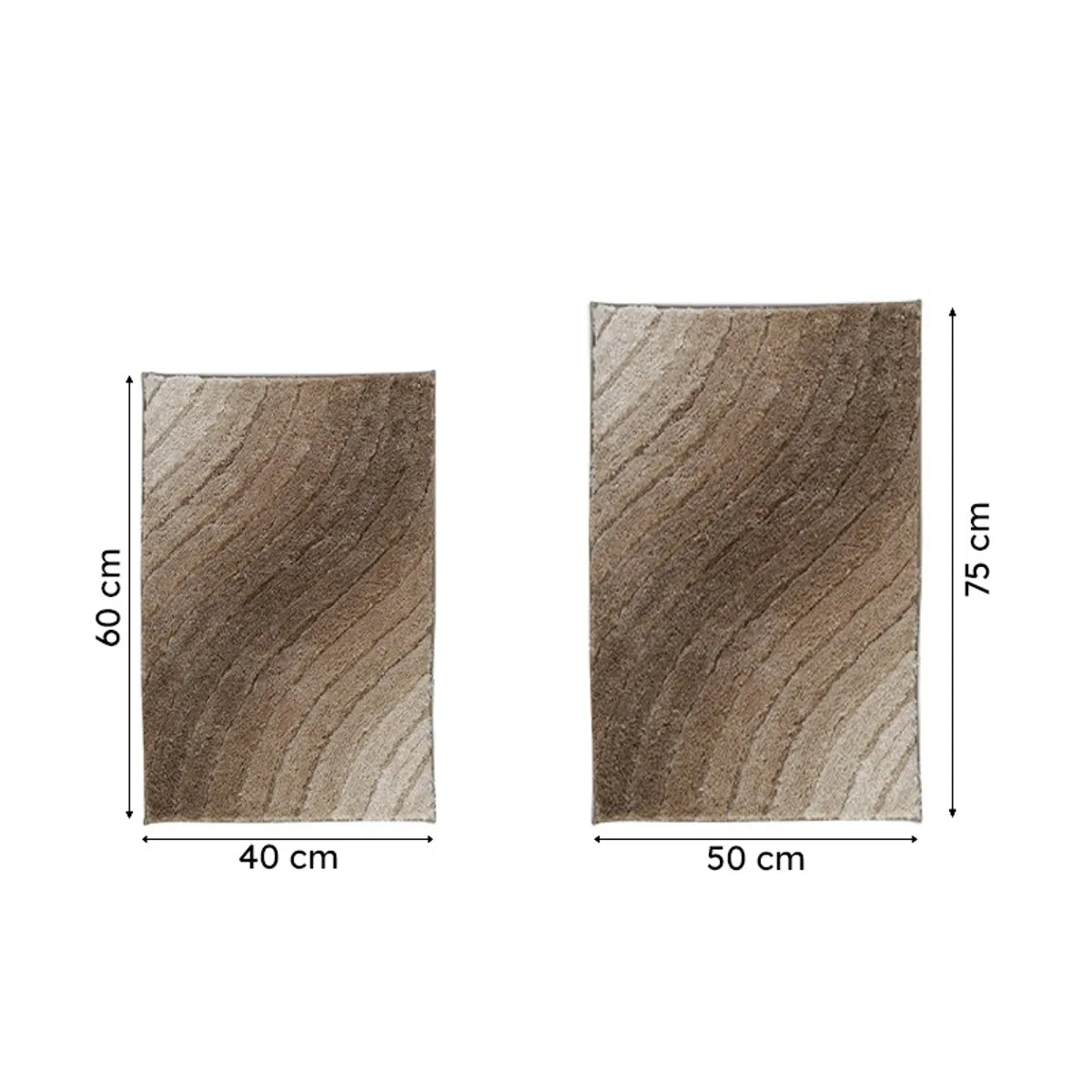 Brown bath mat shown in two size options with a wave-style ombre pattern