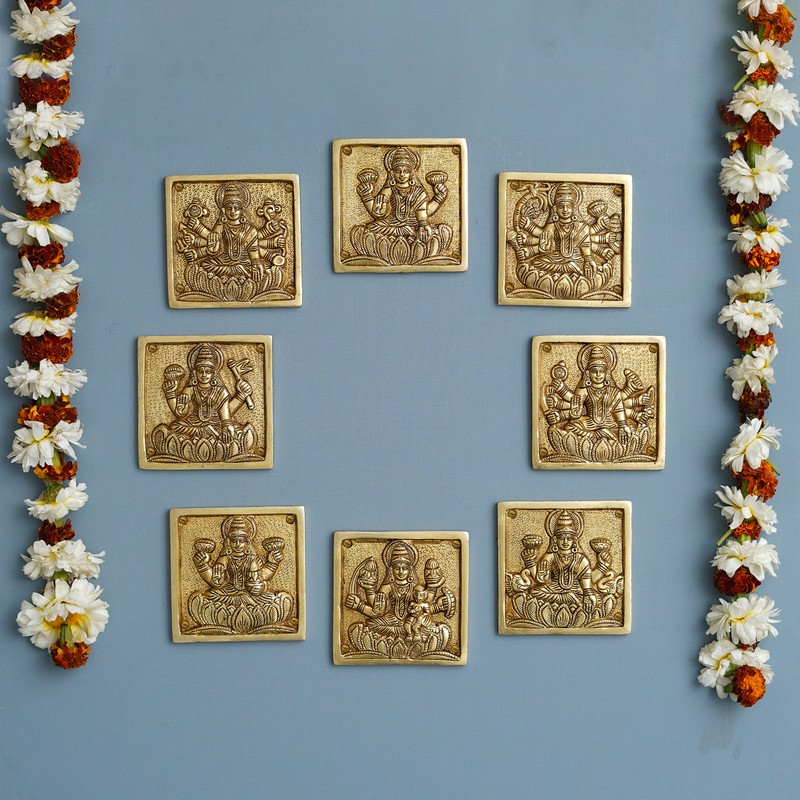 Eight Avatars of Goddess Laxmi Brass Wall Accent - Set of Eight
