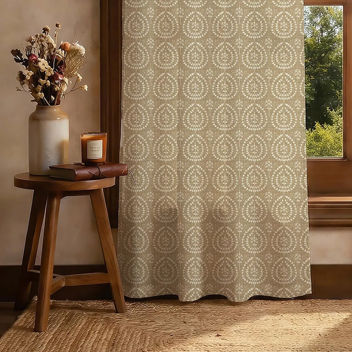 Full-length beige patterned curtain covering a window beside a wooden side table.