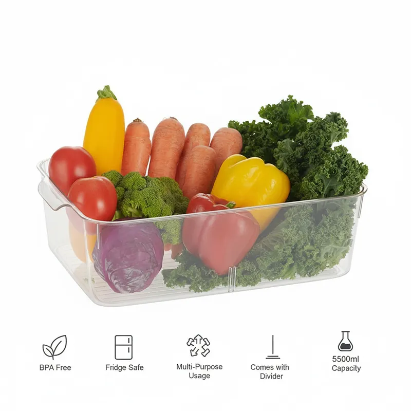 Clear organiser filled with colourful vegetables on a white background