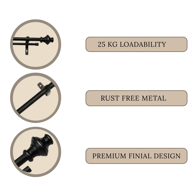 Black curtain rod with ornate finial shown beside feature callouts