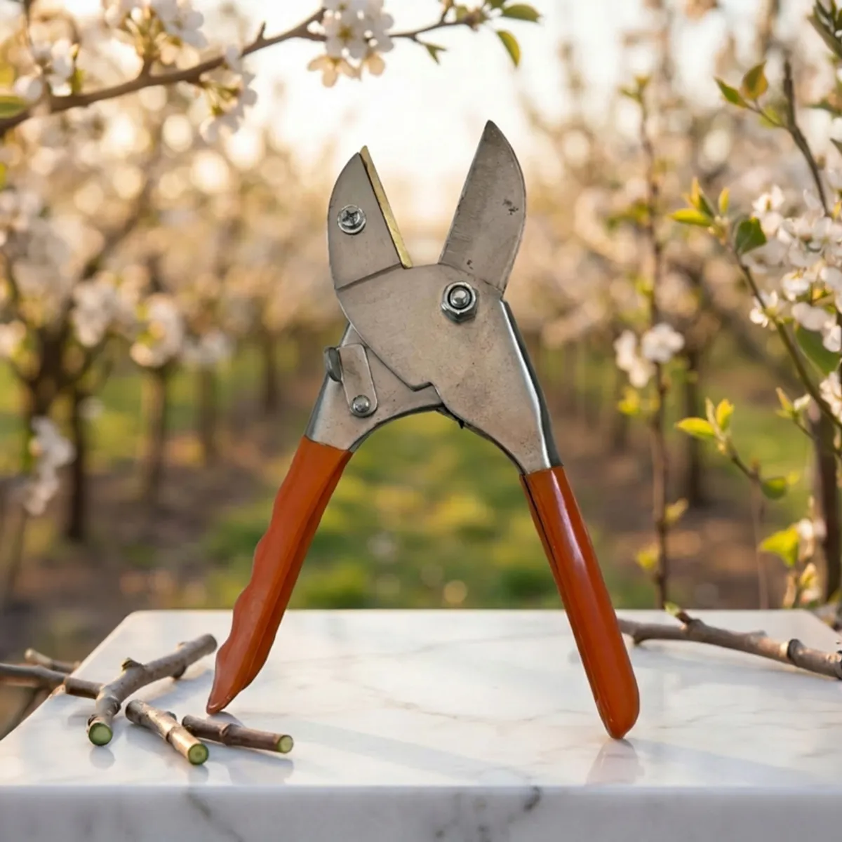 Open orange-handled secateur displayed against a flowering garden backdrop