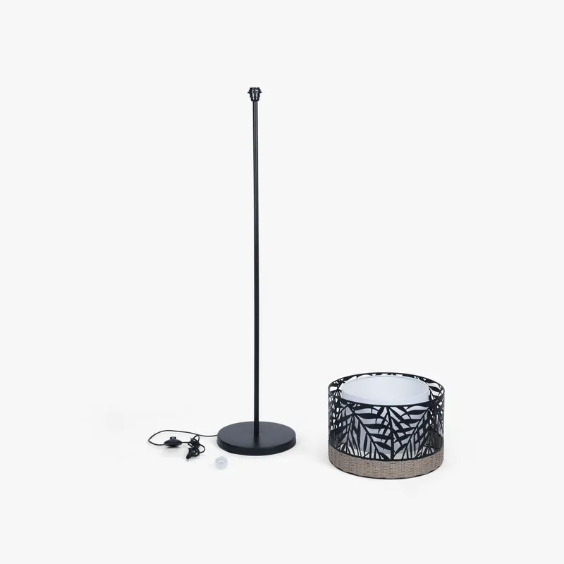 Floor lamp shown disassembled with base, shade, cord and bulb