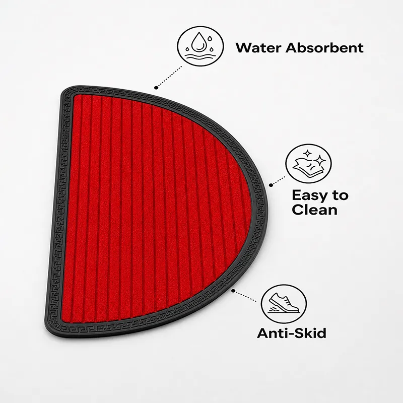Red D-shaped mat shown with water absorbent, easy to clean and anti-skid icons