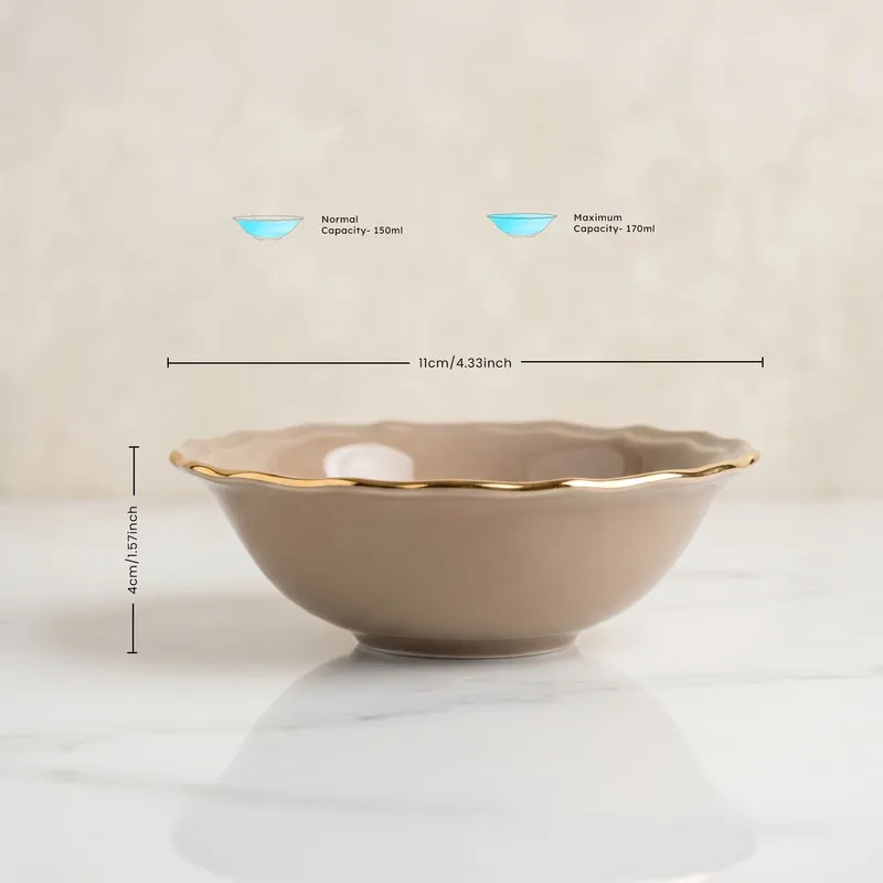 Thunder grey bowl with scalloped gold rim shown in side view
