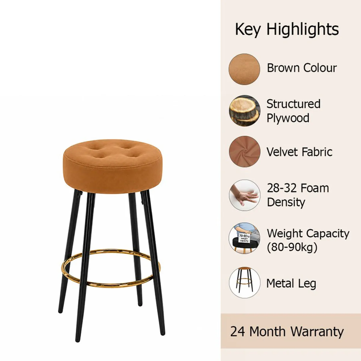 Brown round bar stool with tufted seat, black legs and gold footrest on white background