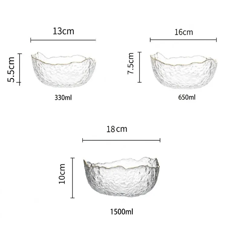 Diagram showing the three glass bowl sizes and their measurements