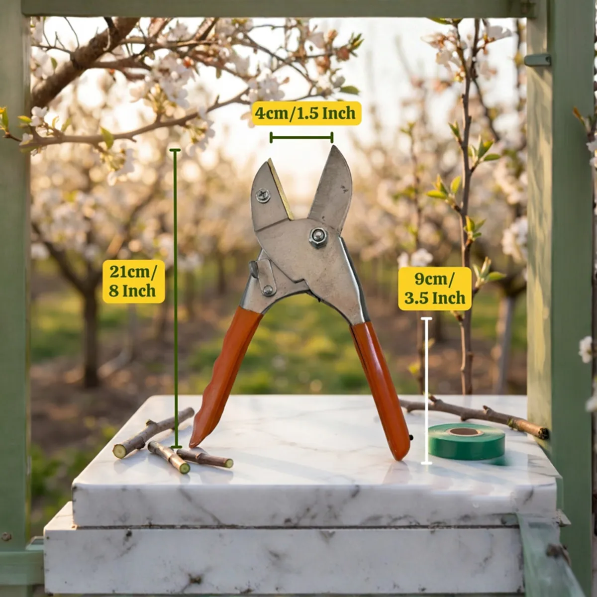 Orange-handled secateur displayed upright with cut branches in a garden setting