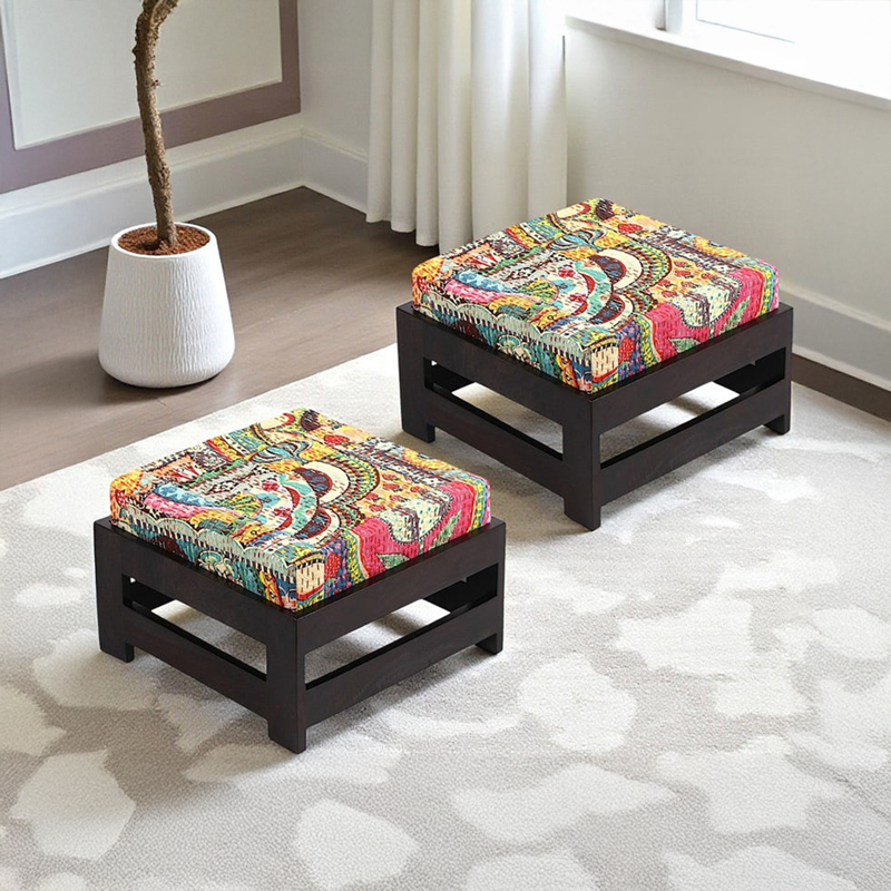 Nexon Sheesham Wooden Stools With Cushions (Multicolor) - Set of Two
