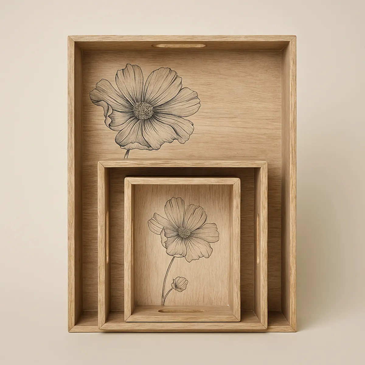 Three wooden floral trays nested inside one another against a neutral background