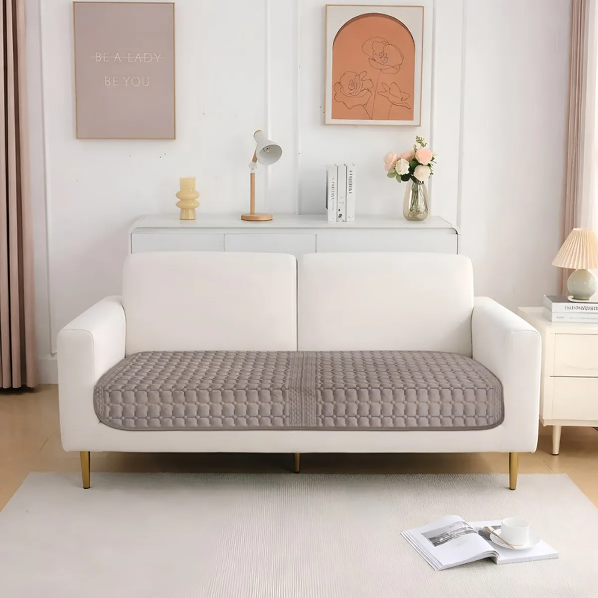 Brown geometric velvet cover fitted across a two-seater sofa
