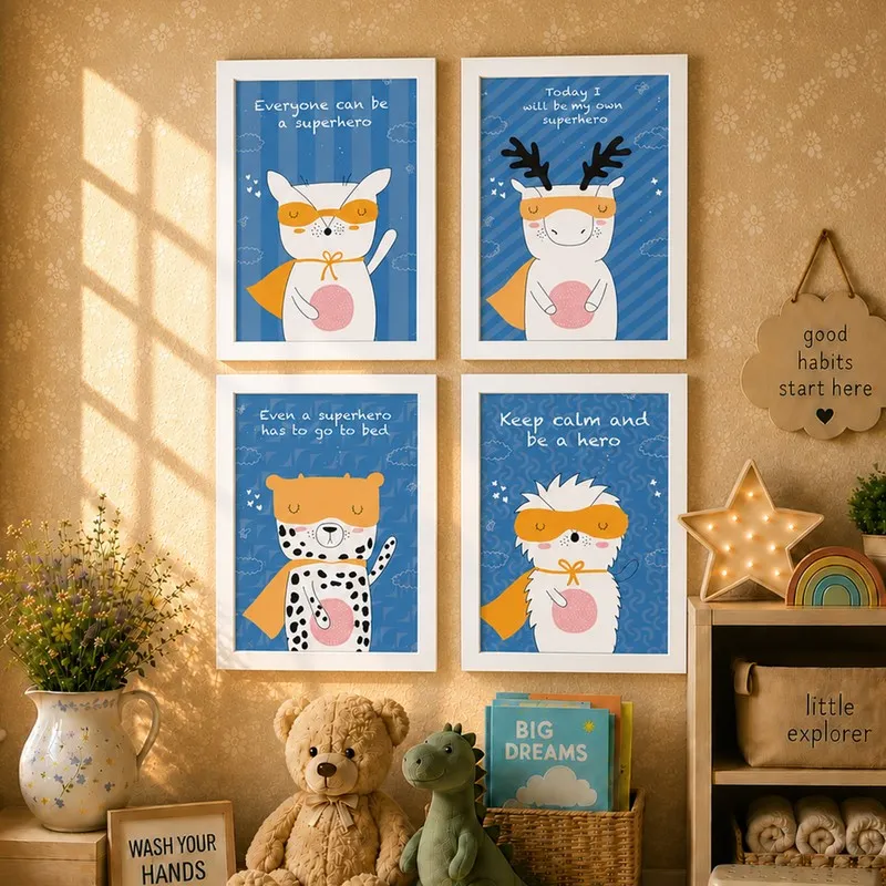 Four framed superhero animal prints displayed in a children's room