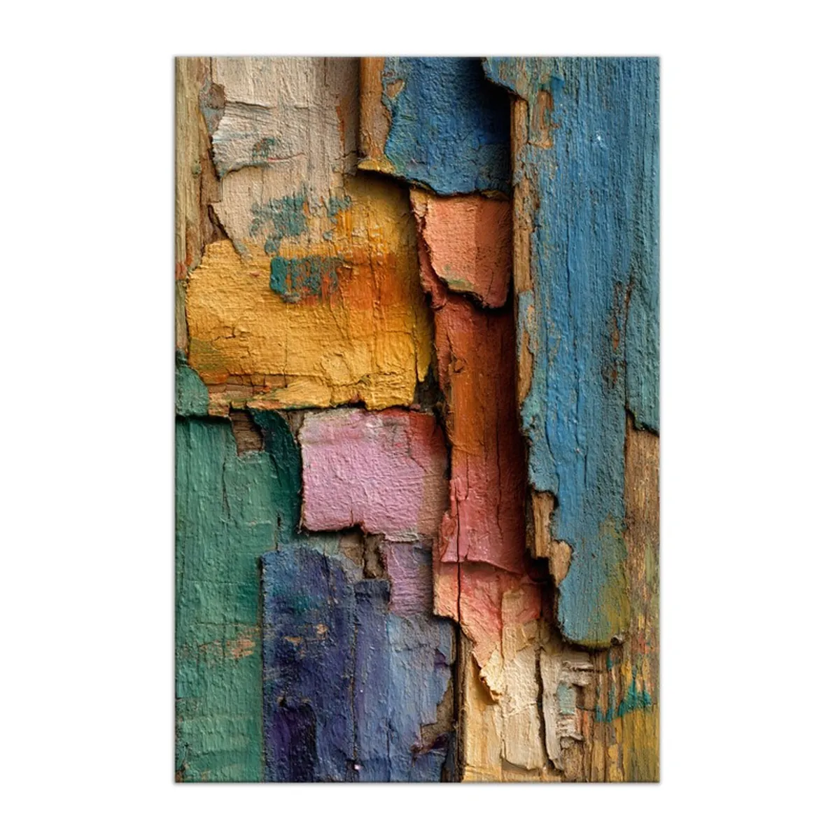 Rectangular abstract canvas painting with layered weathered plank effect in blue, yellow and pink