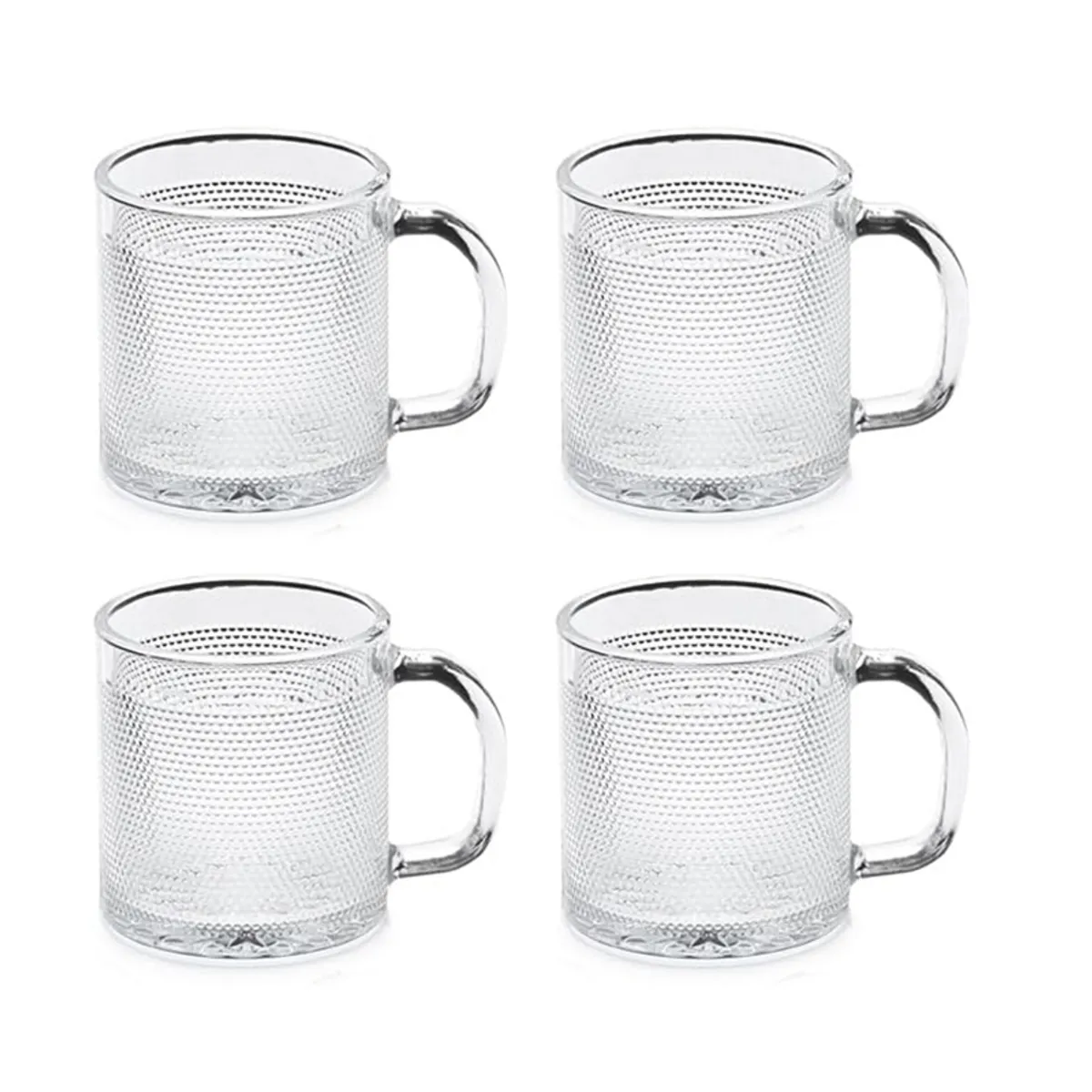 Four transparent textured glass mugs arranged in a two-by-two layout