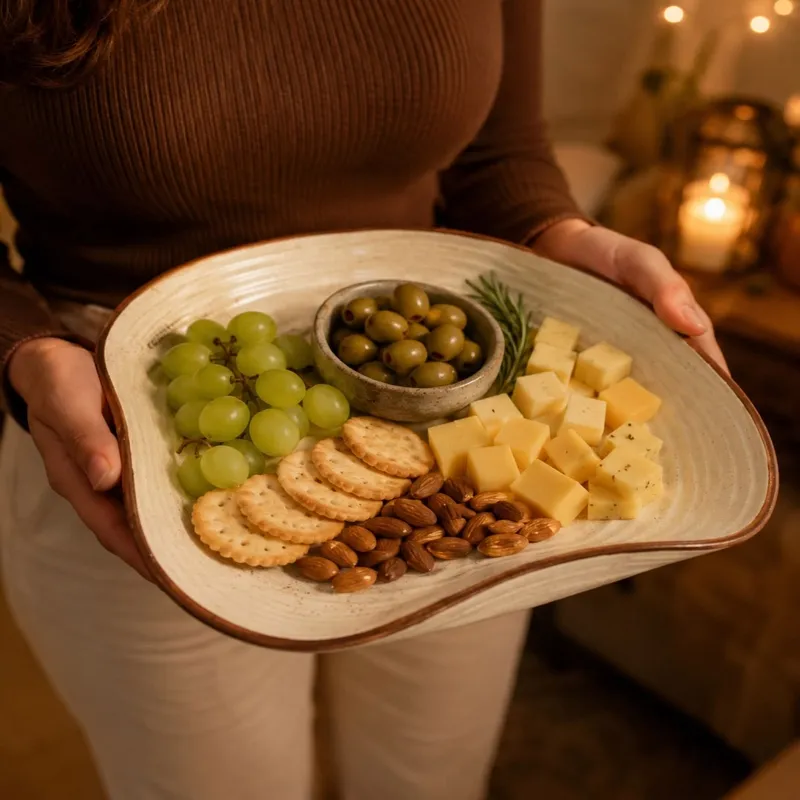 White ceramic platter with brown rim being served with grapes, cheese, olives, crackers and almonds