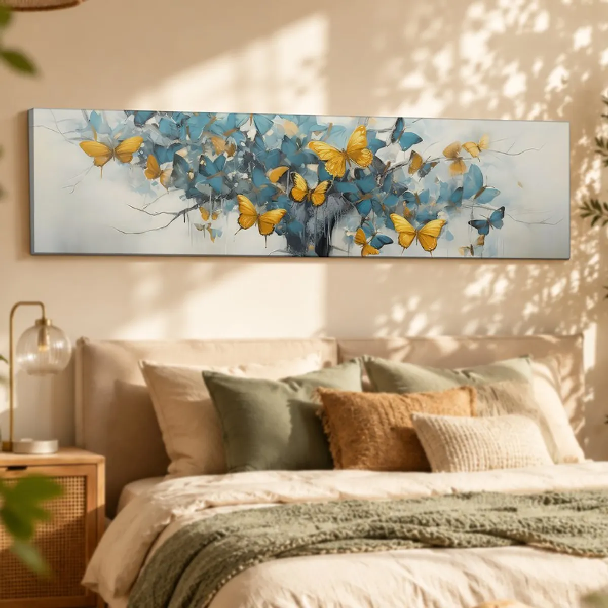 Long butterfly canvas artwork displayed above a bed in a warm neutral bedroom