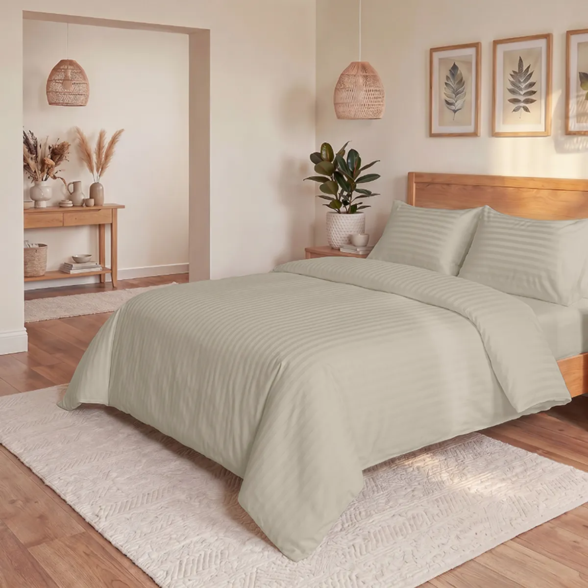 Queen-size beige striped duvet cover styled in a bright contemporary bedroom