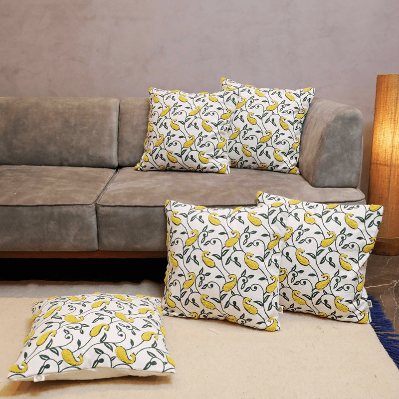 Tuft Tales Tufted Cushion Cover (Yellow & White) - Set Of Five