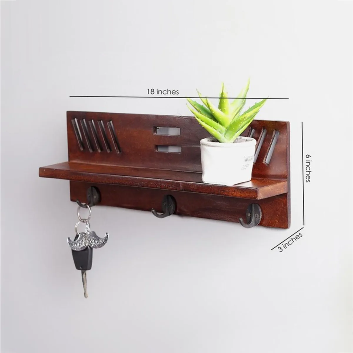 Brown wooden wall-mounted key holder shelf shown with dimension lines