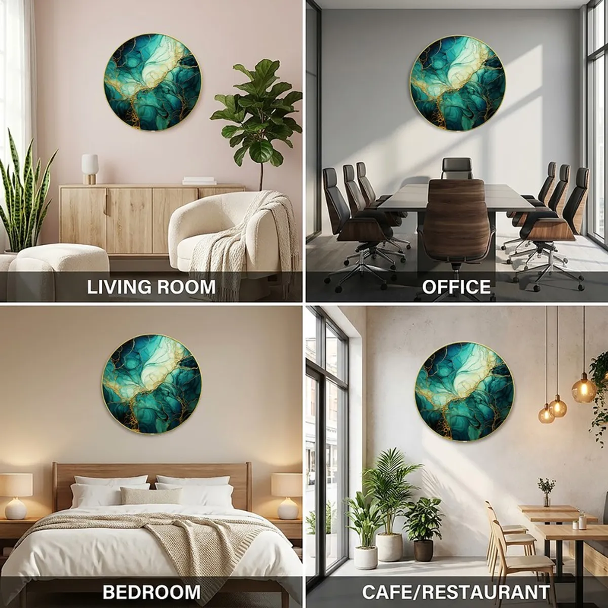 Round abstract wall art shown in multiple styled room settings