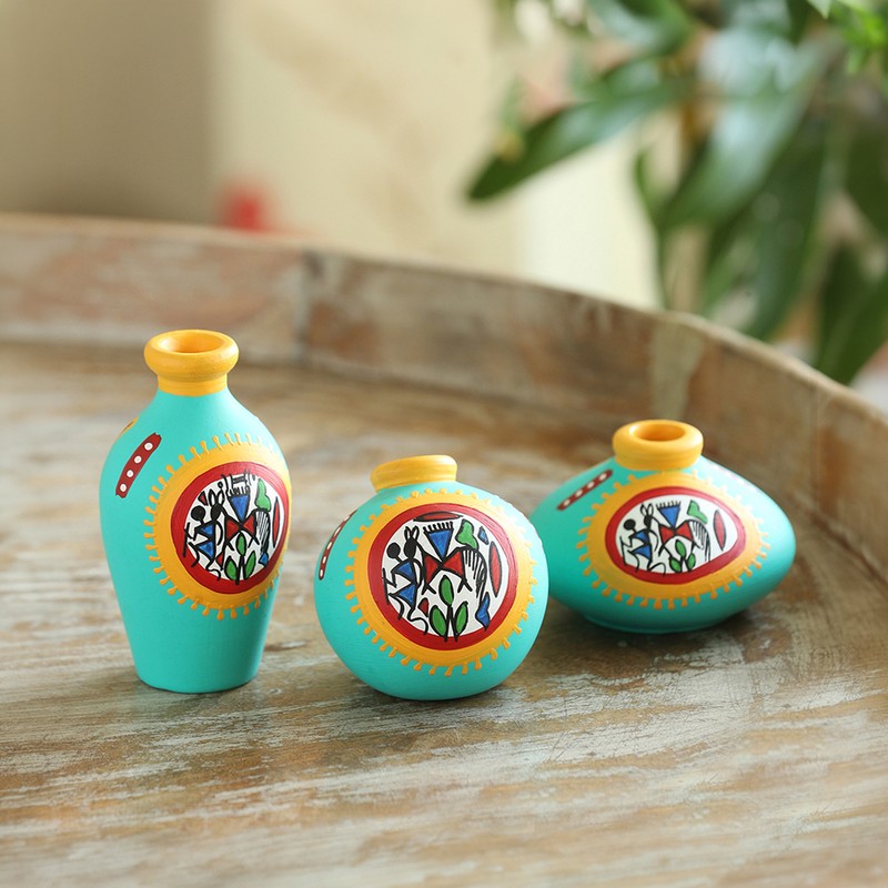 Warli Frace Terracota Vases - Set of Three