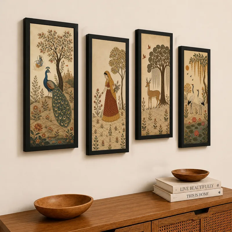 Set of four framed Indian heritage paintings styled above a wooden console.