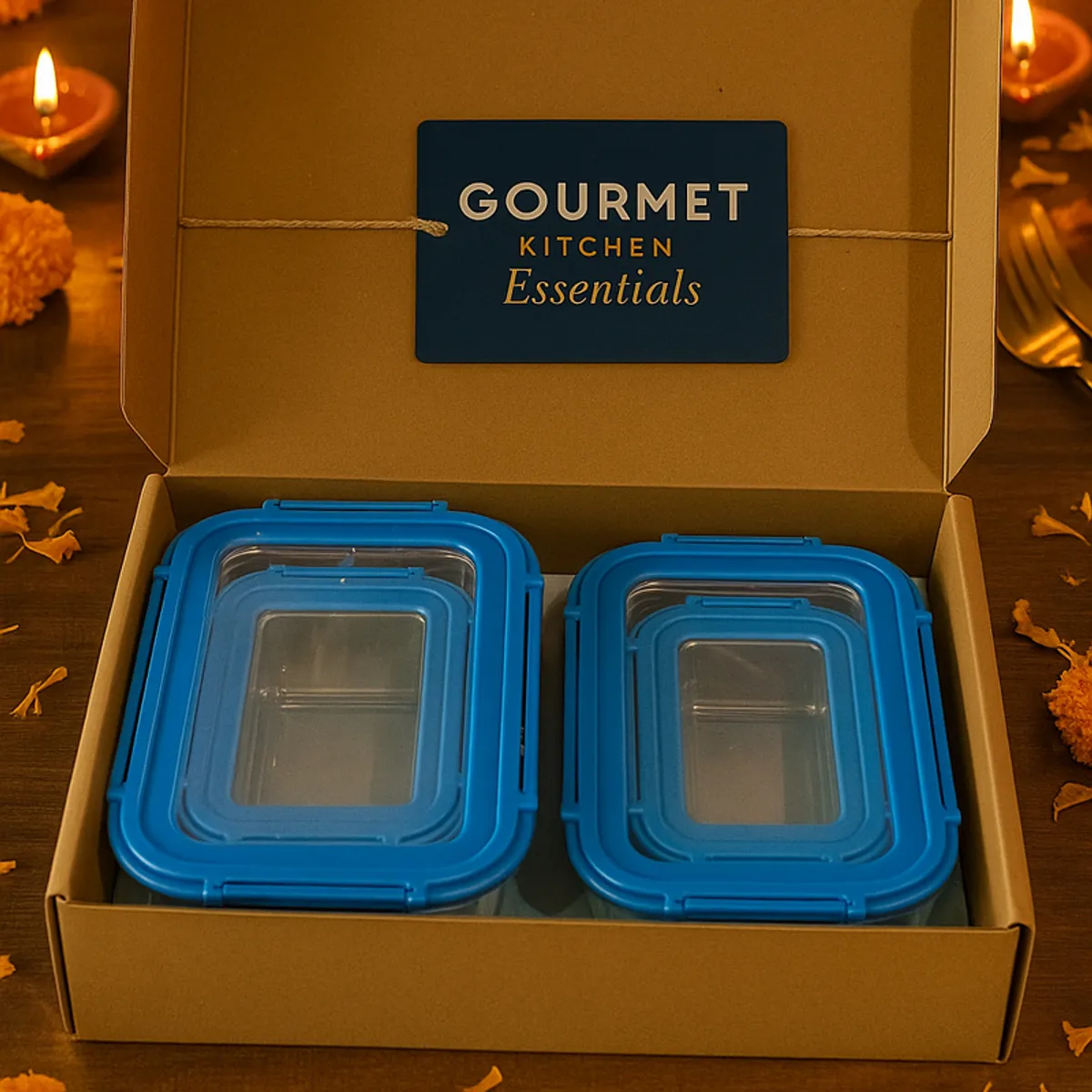 Open presentation box showing two blue-lidded transparent rectangular containers