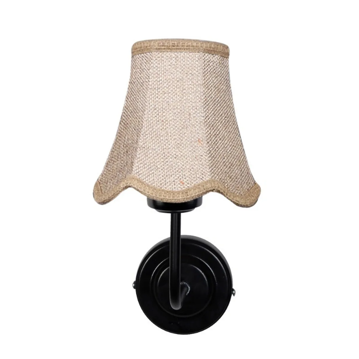 Front view of beige jute wall lamp with circular black wall plate