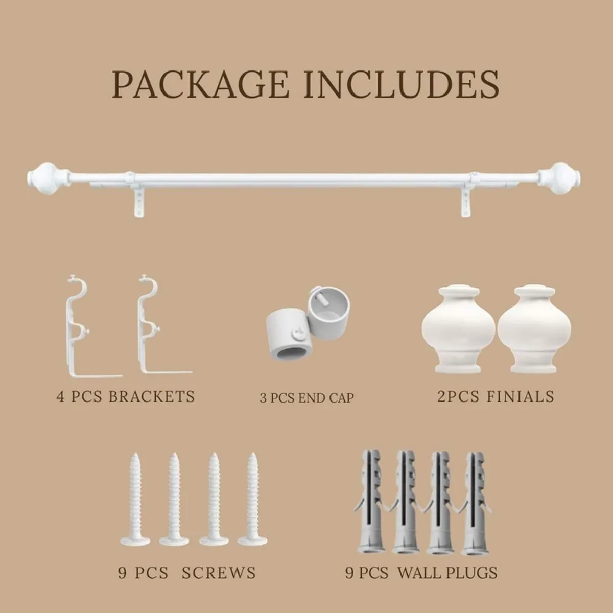 White curtain rod set components arranged on a beige background