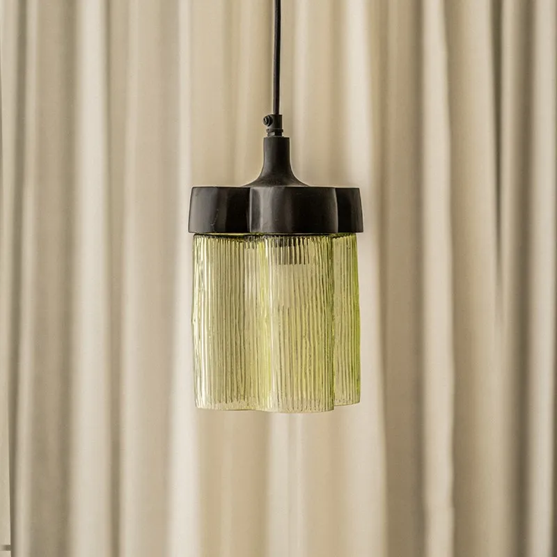 Hanging ceiling lamp with green ribbed glass shade and black metal top