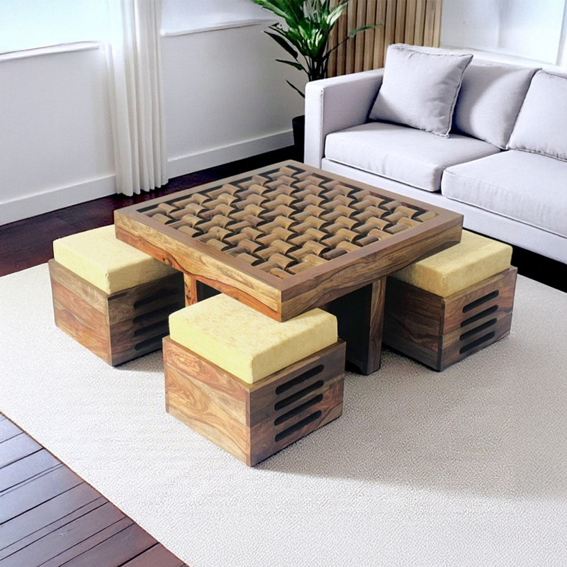 Delvex Sheesham Wooden Center Table with Stools and Cushions (Brown) - Nine Piece Set