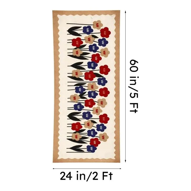 Full view of rectangular floral runner rug on a plain background
