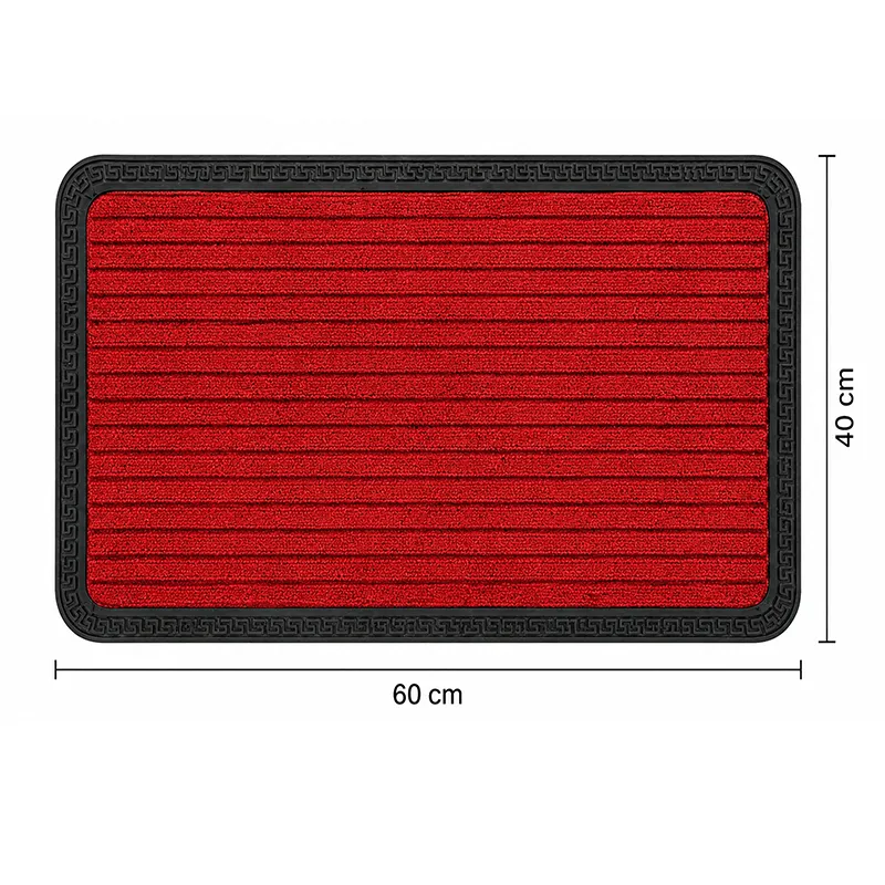 Red rectangular door mat with black border shown with size markings