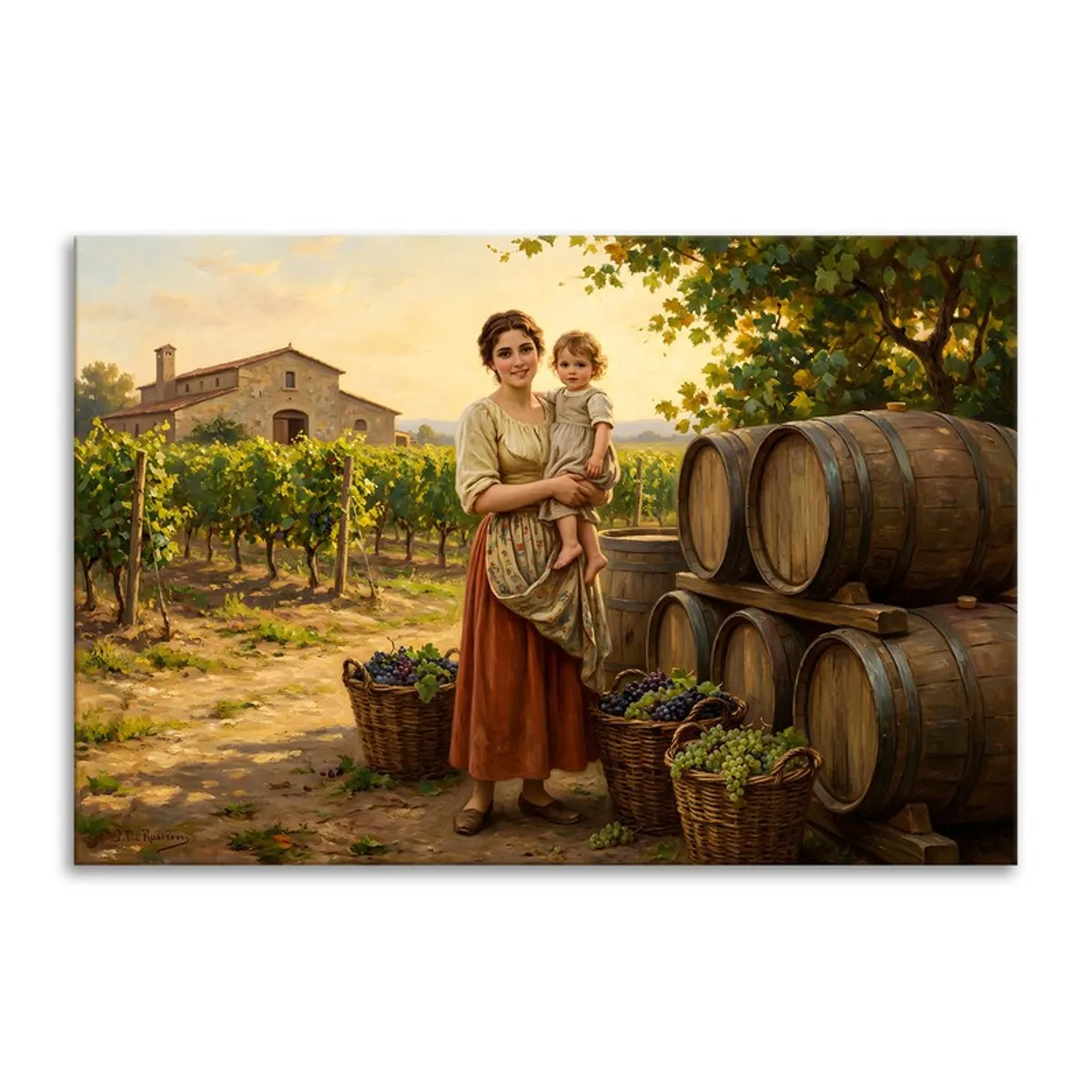 Rectangular canvas art showing a mother and child in a sunlit vineyard scene