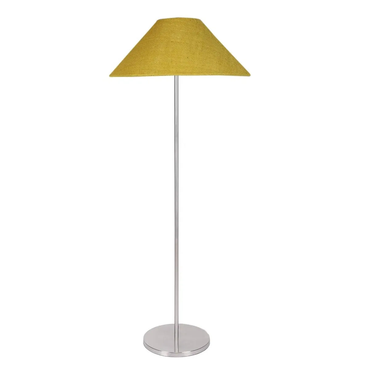 Studio view of a yellow jute floor lamp with slim steel stand and round base