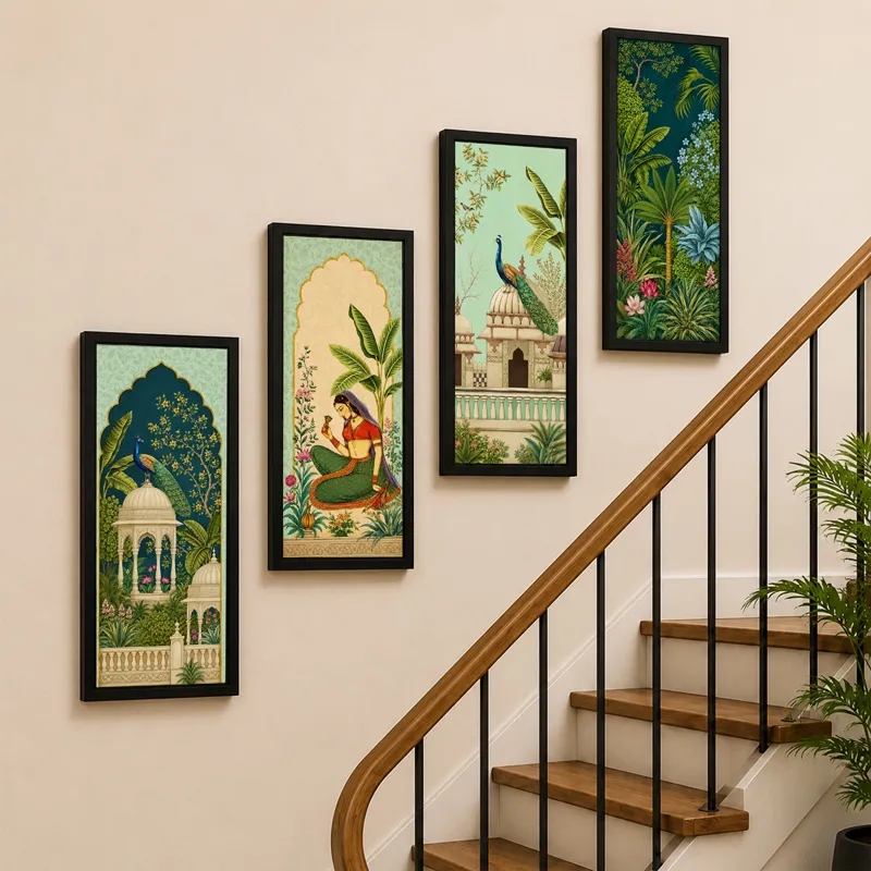 Four narrow framed garden artworks arranged along a staircase wall.