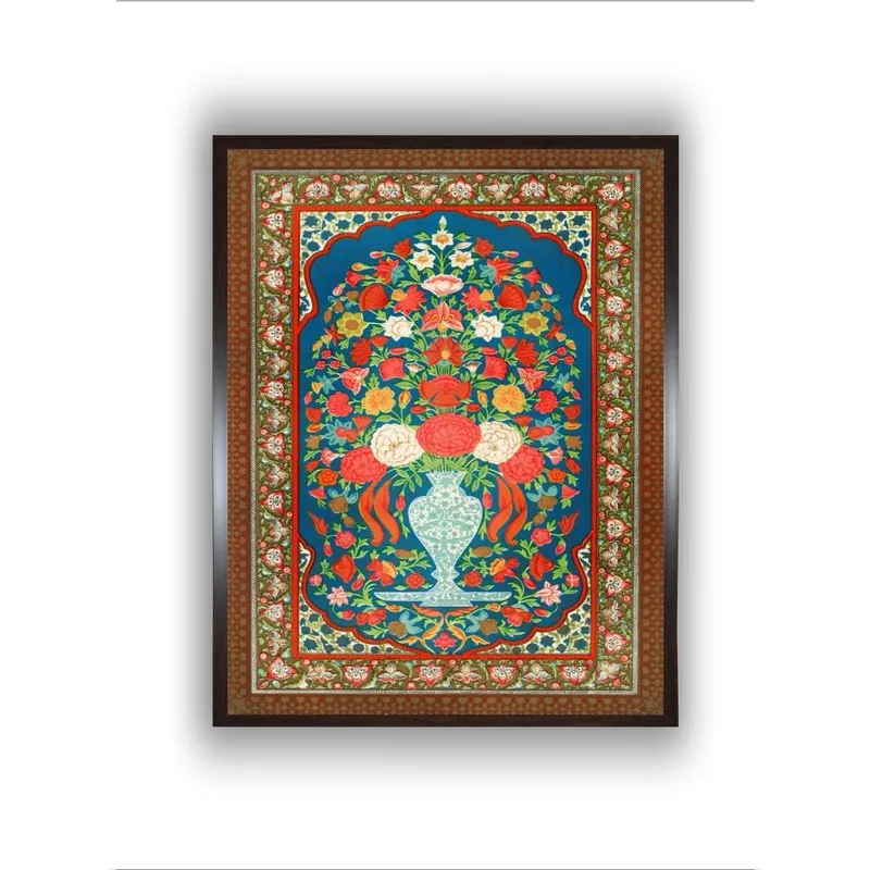 Front view of ornate floral vase wall painting with decorative border