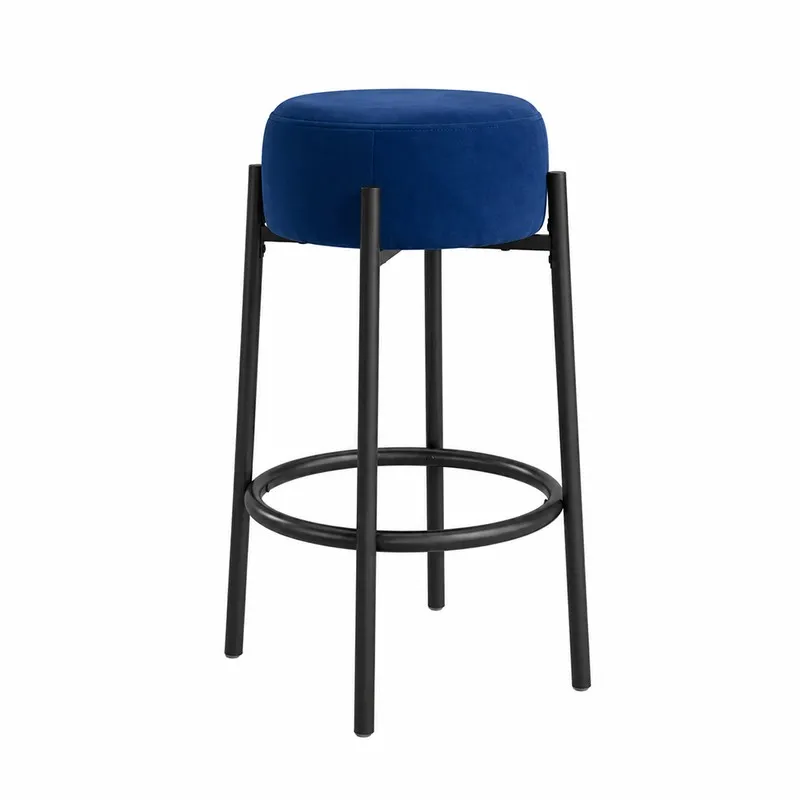 Front view of a blue velvet bar stool with black metal frame