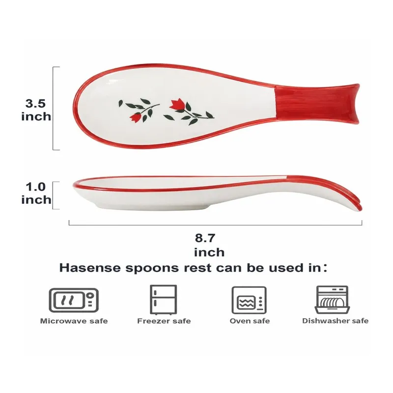 Ceramic spoon rest shown from top and side views with visible dimensions