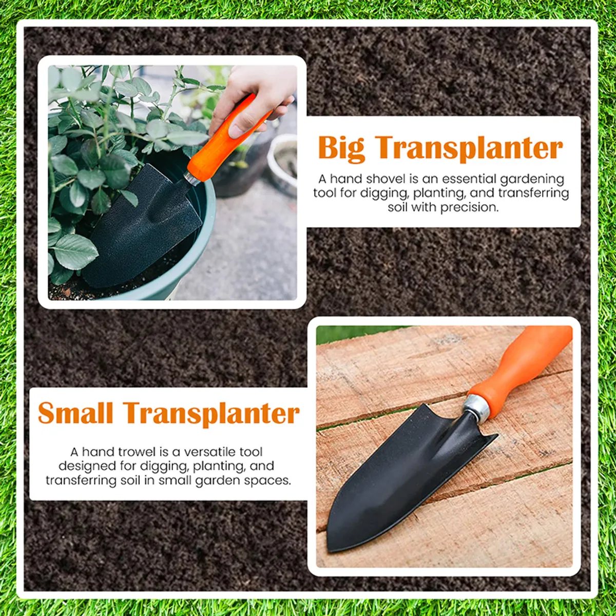 Garden tool usage collage showing big and small transplanters